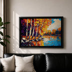 Birch Forest Wall Art Aspen Grove Framed Canvas Autumn River Landscape Impasto Home Decor