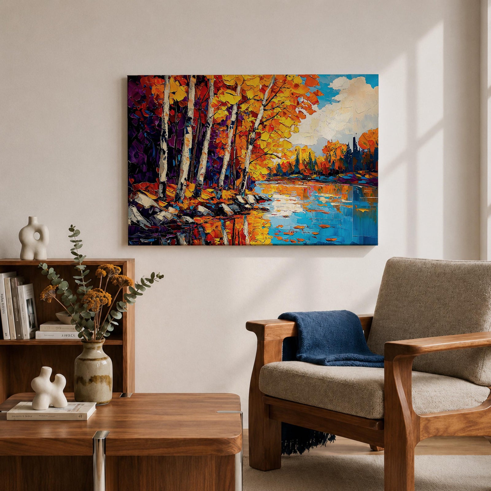Birch Forest Wall Art Aspen Grove Framed Canvas Autumn River Landscape Impasto Home Decor