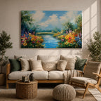 Spring River Wall Art Floral Landscape Framed Canvas Meadow Impasto Rustic Home Decor