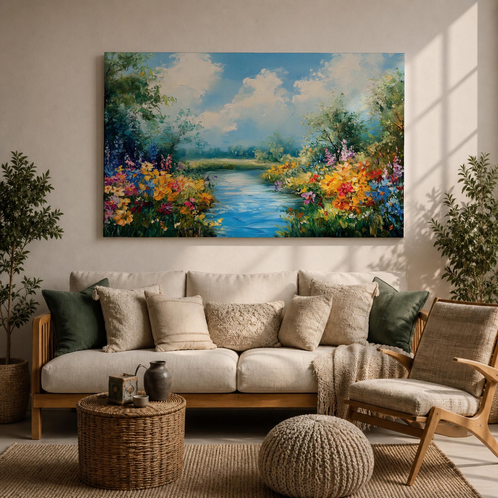 Spring River Wall Art Floral Landscape Framed Canvas Meadow Impasto Rustic Home Decor