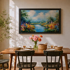 Spring River Wall Art Floral Landscape Framed Canvas Meadow Impasto Rustic Home Decor