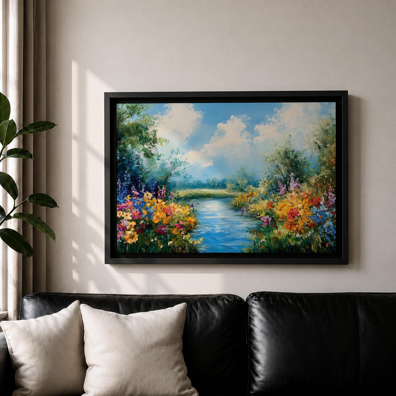 Spring River Wall Art Floral Landscape Framed Canvas Meadow Impasto Rustic Home Decor