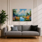 Spring River Wall Art Floral Landscape Framed Canvas Meadow Impasto Rustic Home Decor