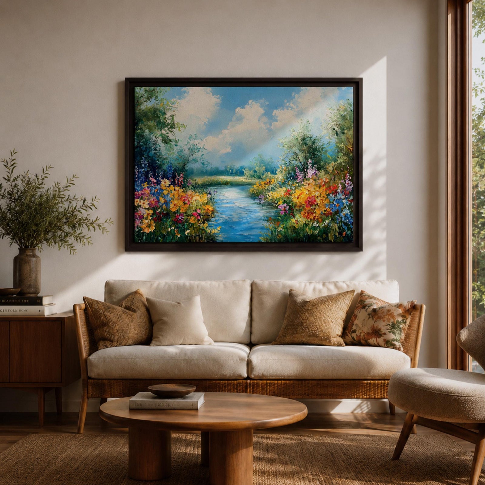 Spring River Wall Art Floral Landscape Framed Canvas Meadow Impasto Rustic Home Decor