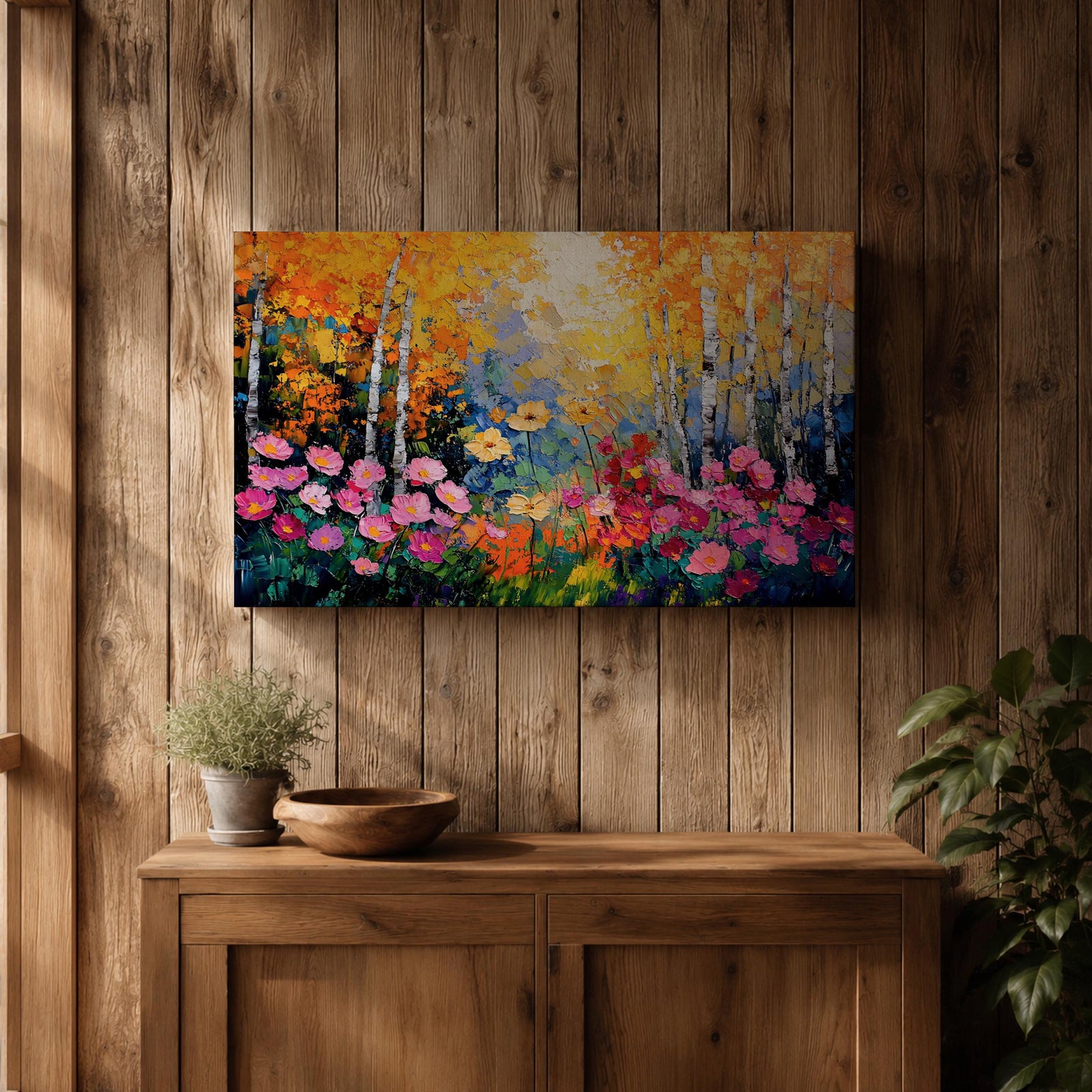 Birch Tree Wall Art Flowering Forest Framed Canvas Floral Landscape Rustic Home Decor