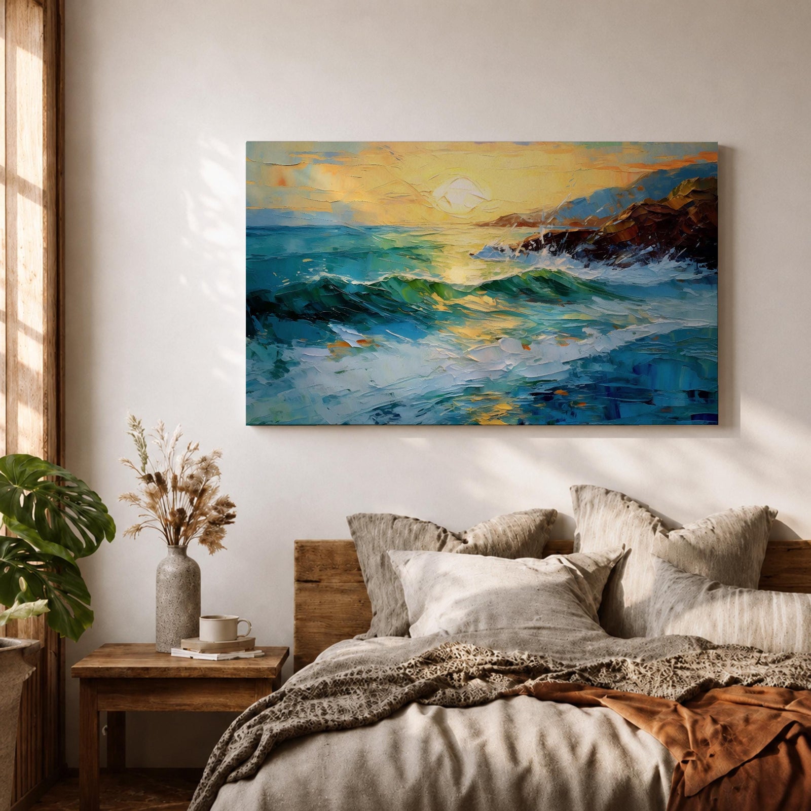 Ocean Sunrise Wall Art Seascape Framed Canvas Coastal Impasto Living Room Home Decor