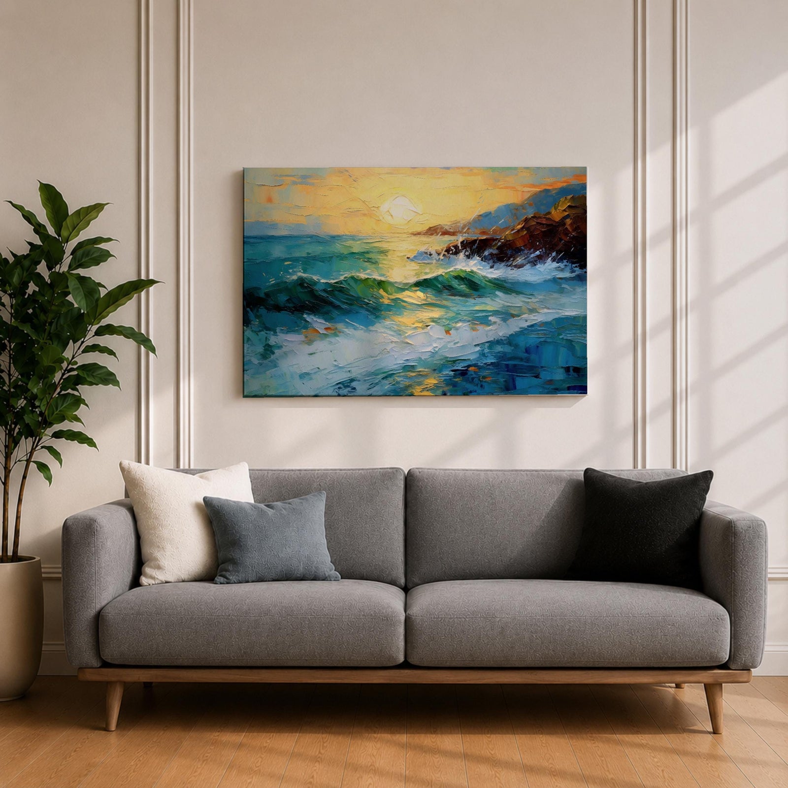 Ocean Sunrise Wall Art Seascape Framed Canvas Coastal Impasto Living Room Home Decor