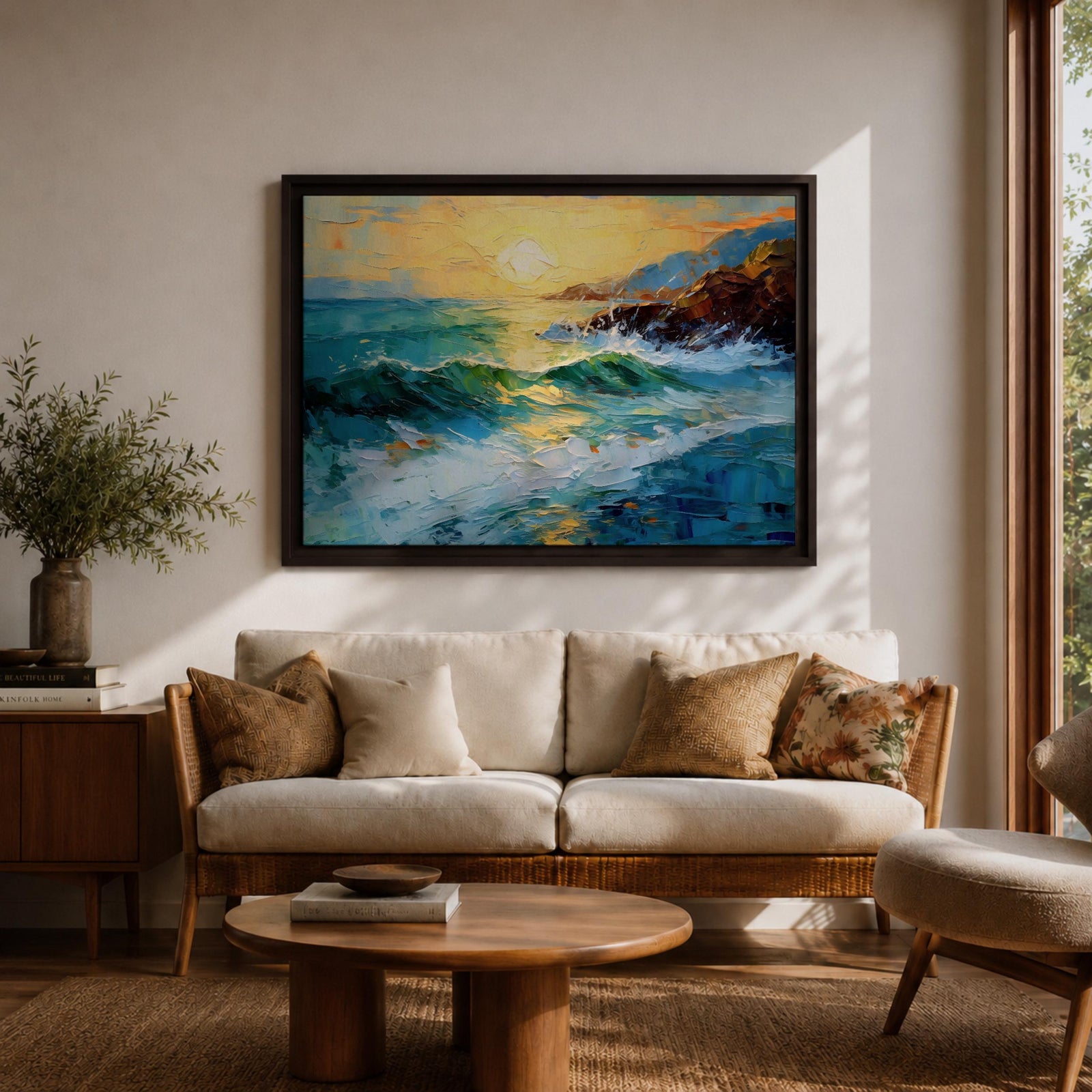 Ocean Sunrise Wall Art Seascape Framed Canvas Coastal Impasto Living Room Home Decor
