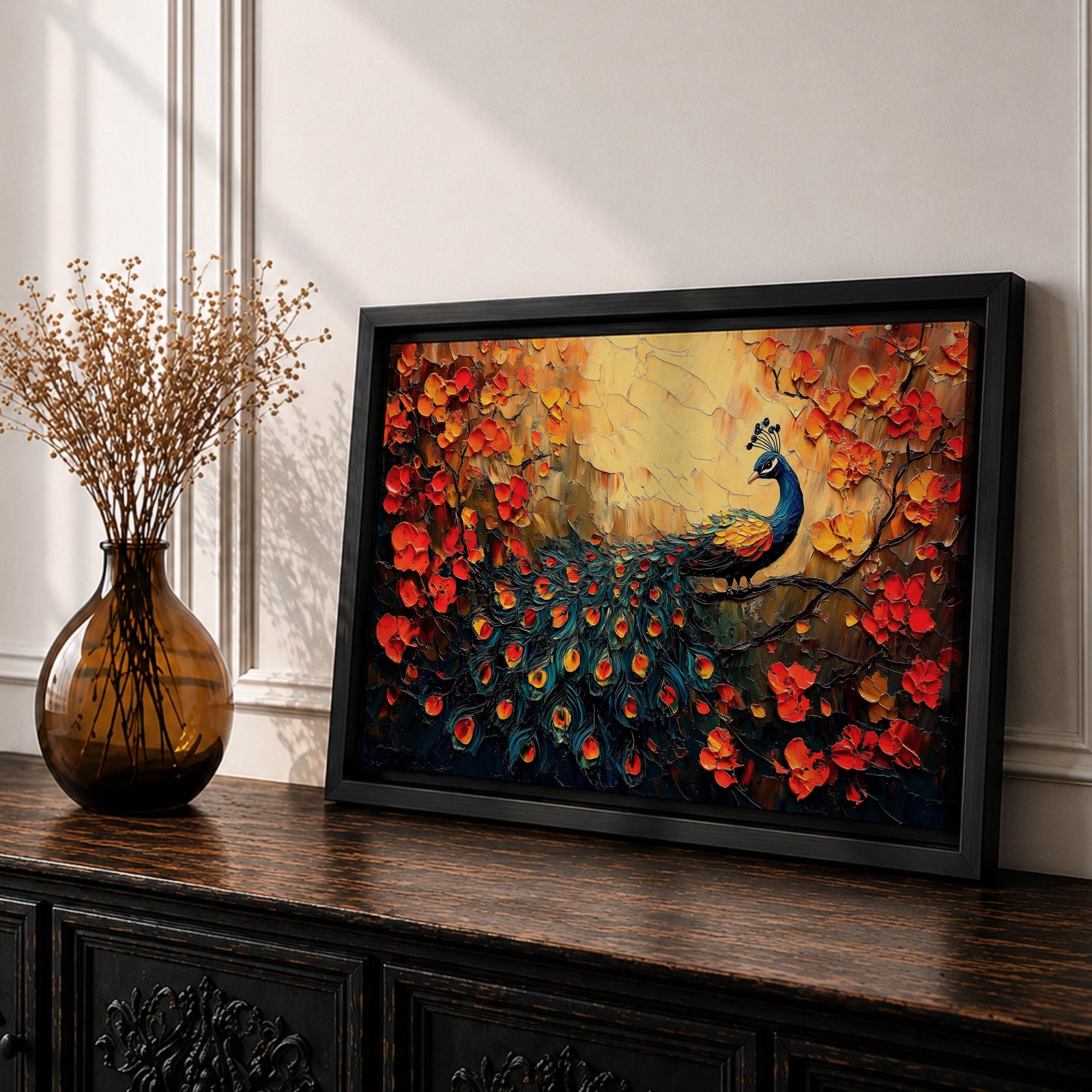 Peacock Wall Art Royal Feathers Framed Canvas Tropical Bird Impasto Boho Home Decor