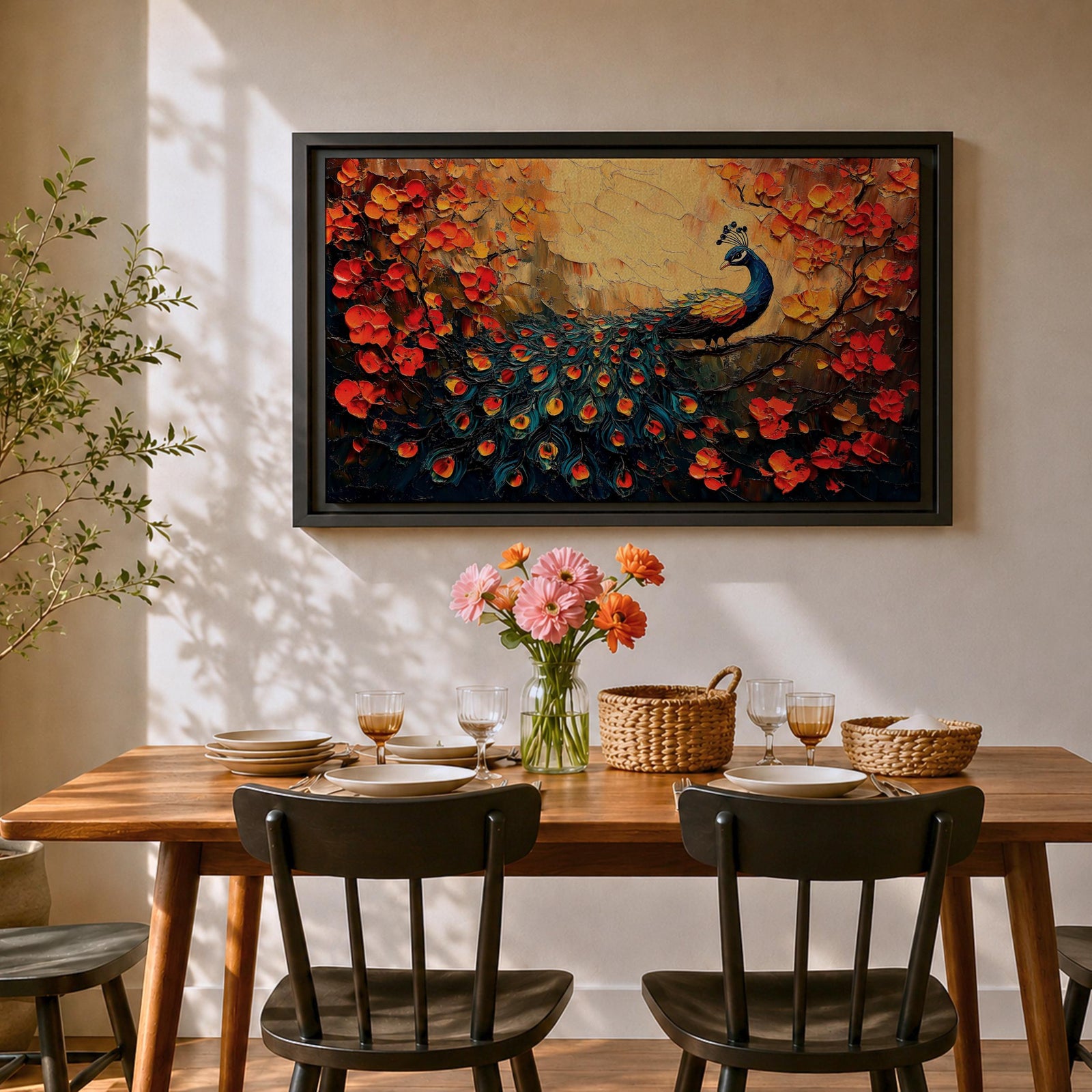 Peacock Wall Art Royal Feathers Framed Canvas Tropical Bird Impasto Boho Home Decor