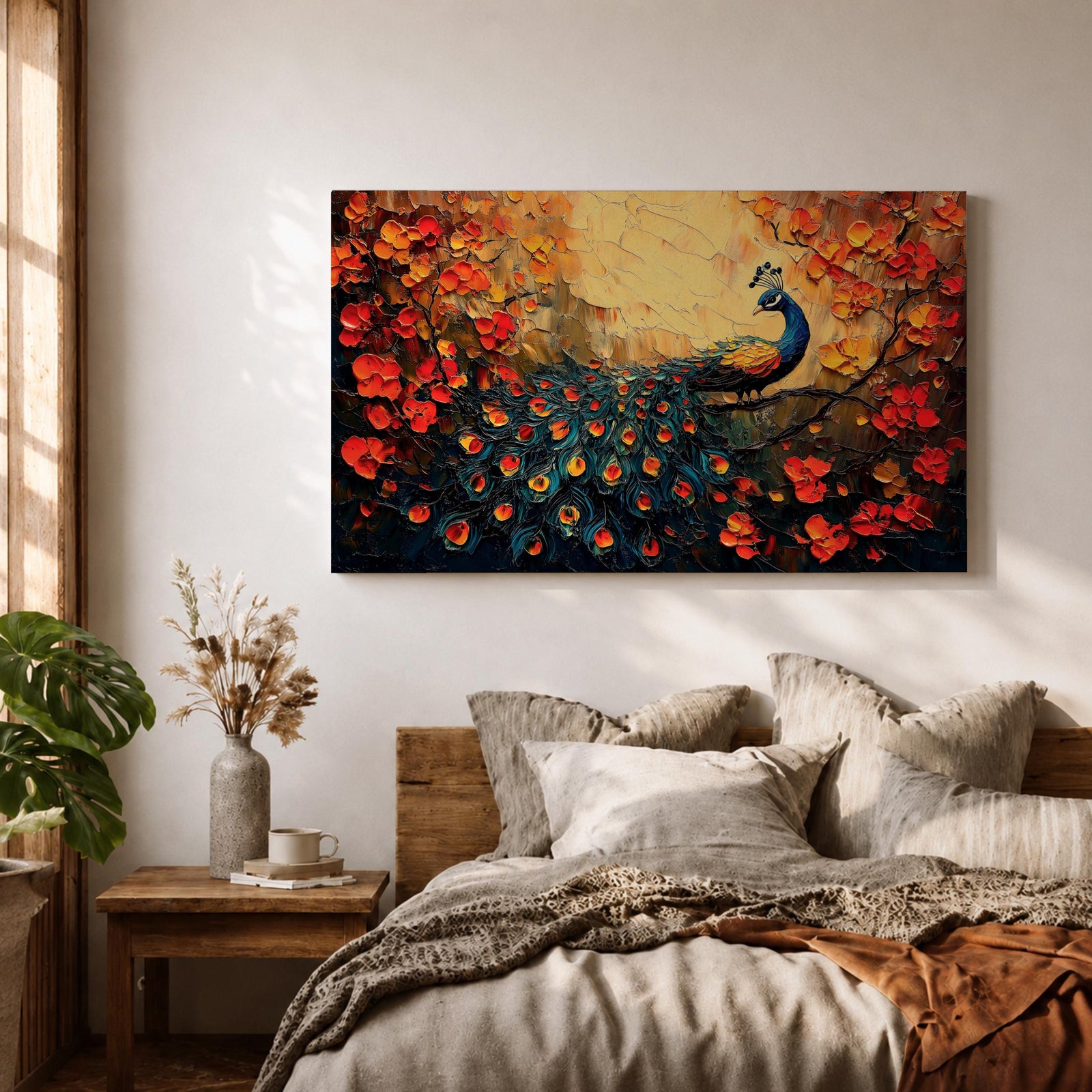 Peacock Wall Art Royal Feathers Framed Canvas Tropical Bird Impasto Boho Home Decor
