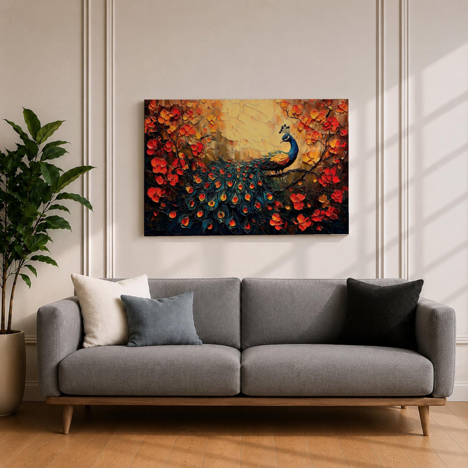 Peacock Wall Art Royal Feathers Framed Canvas Tropical Bird Impasto Boho Home Decor