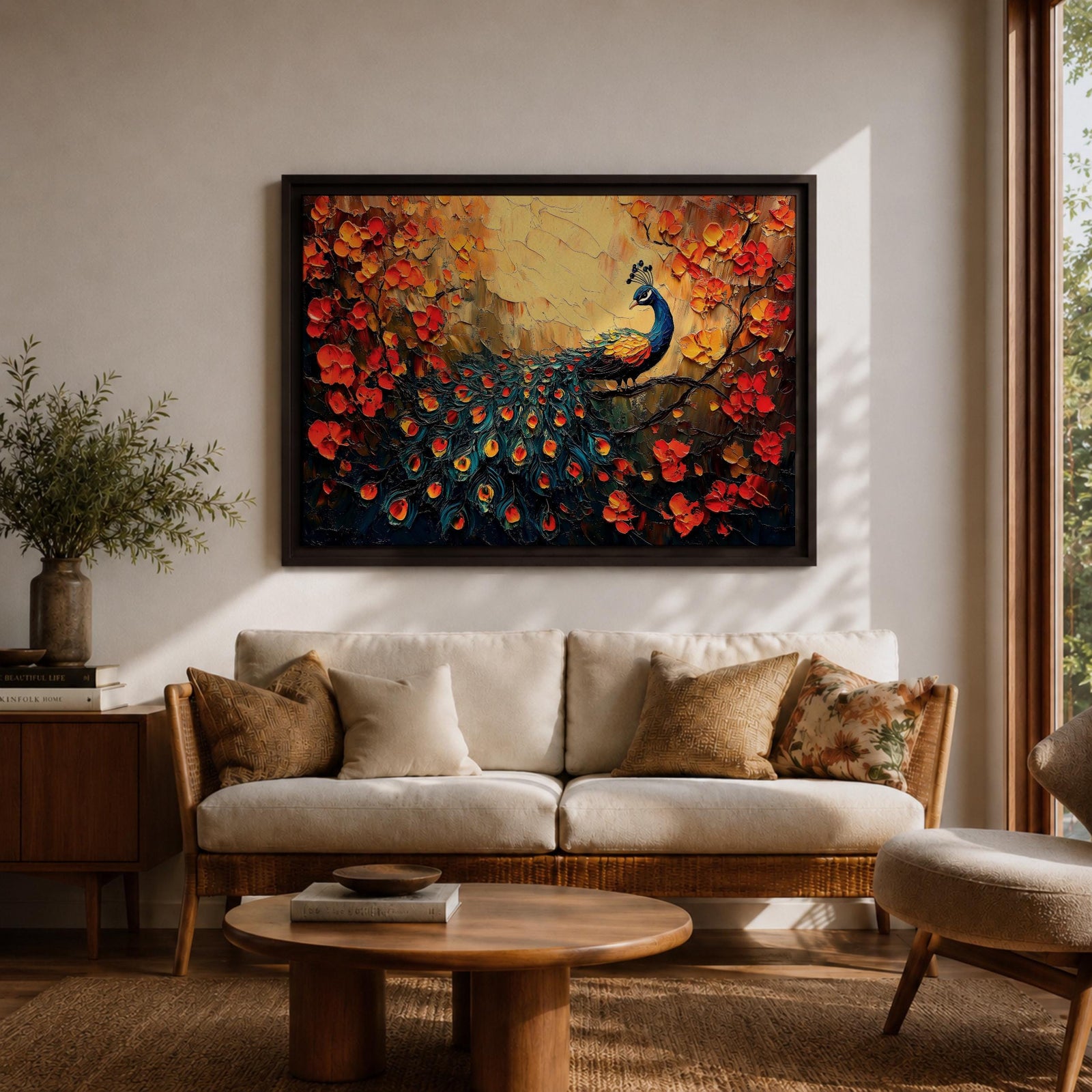 Peacock Wall Art Royal Feathers Framed Canvas Tropical Bird Impasto Boho Home Decor