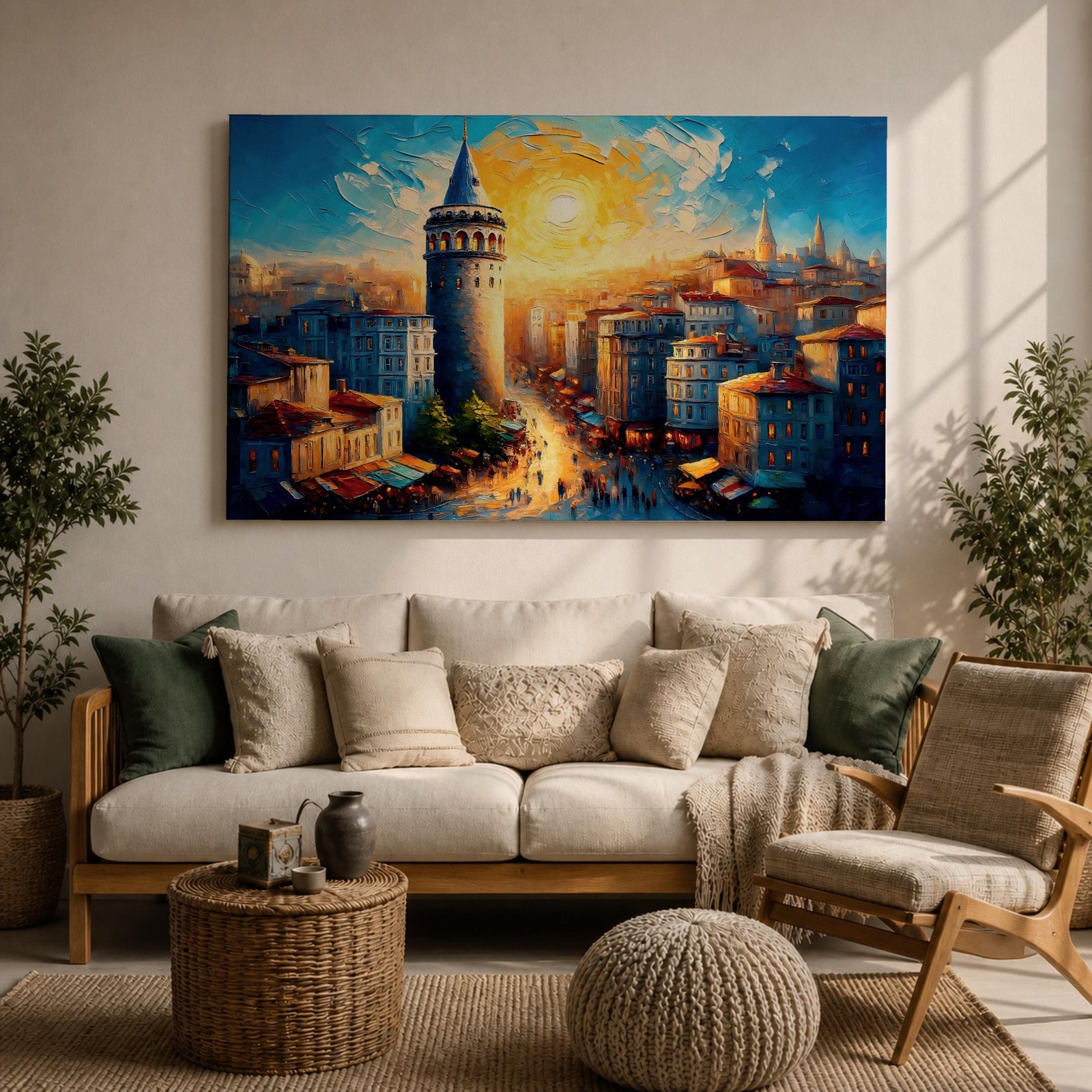 Galata Tower Wall Art Istanbul Skyline Framed Canvas Turkish Cityscape Impasto Architecture Decor