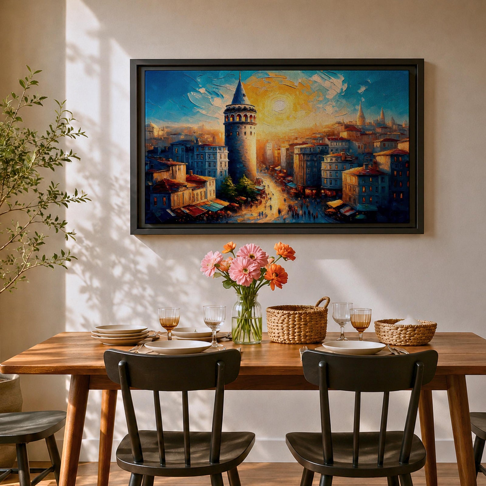 Galata Tower Wall Art Istanbul Skyline Framed Canvas Turkish Cityscape Impasto Architecture Decor