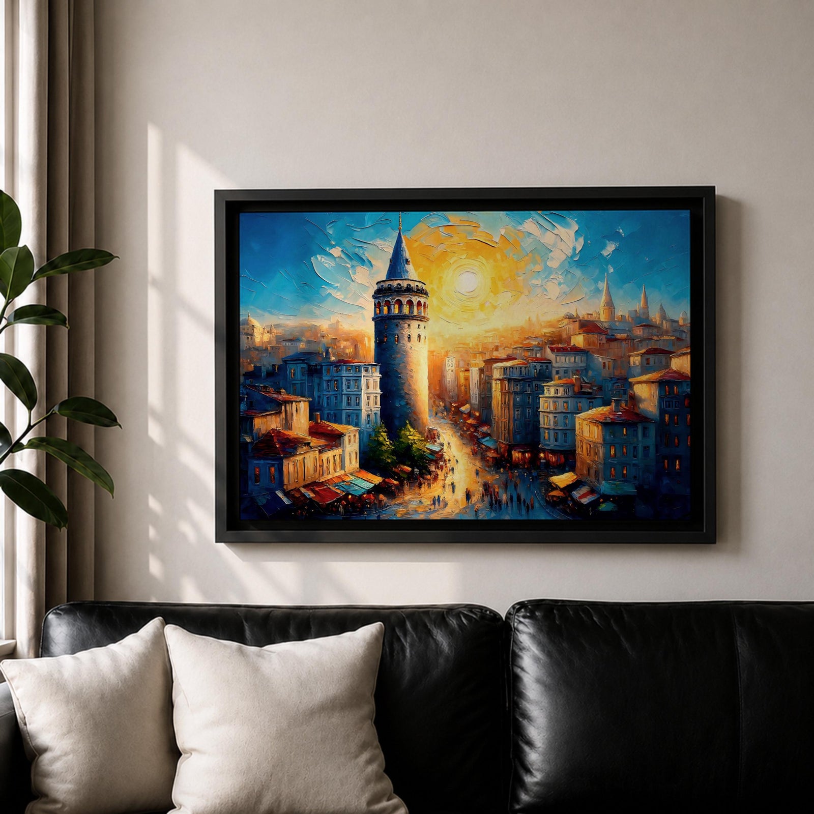 Galata Tower Wall Art Istanbul Skyline Framed Canvas Turkish Cityscape Impasto Architecture Decor