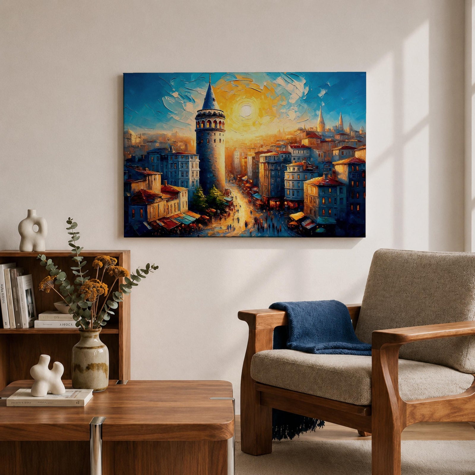 Galata Tower Wall Art Istanbul Skyline Framed Canvas Turkish Cityscape Impasto Architecture Decor
