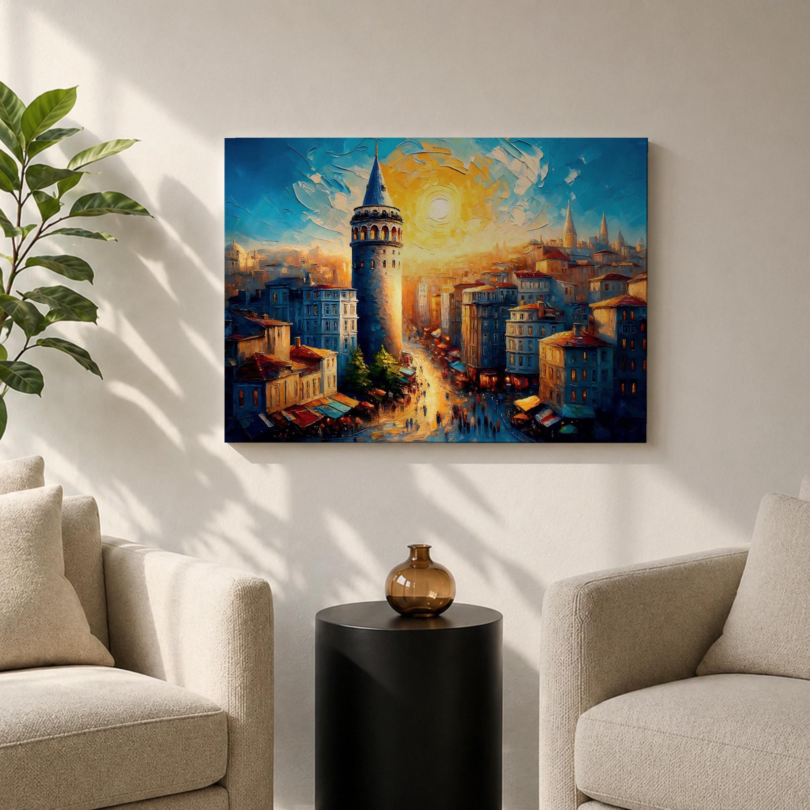 Galata Tower Wall Art Istanbul Skyline Framed Canvas Turkish Cityscape Impasto Architecture Decor