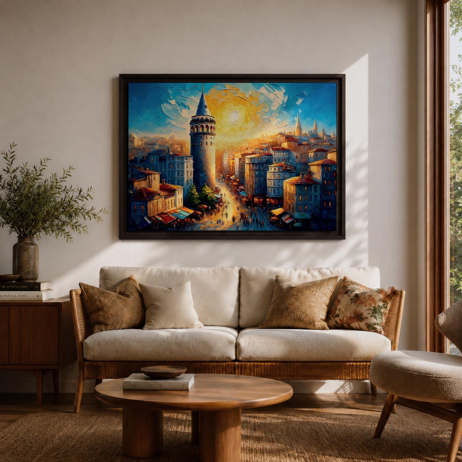 Galata Tower Wall Art Istanbul Skyline Framed Canvas Turkish Cityscape Impasto Architecture Decor