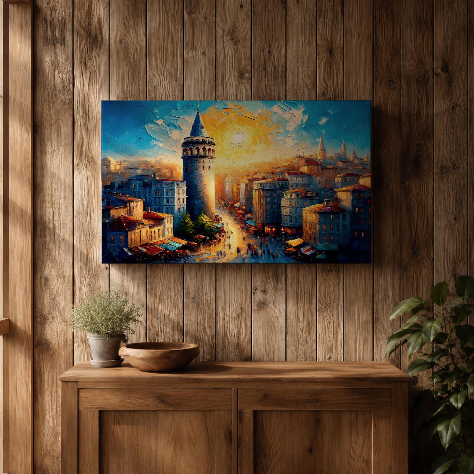 Galata Tower Wall Art Istanbul Skyline Framed Canvas Turkish Cityscape Impasto Architecture Decor