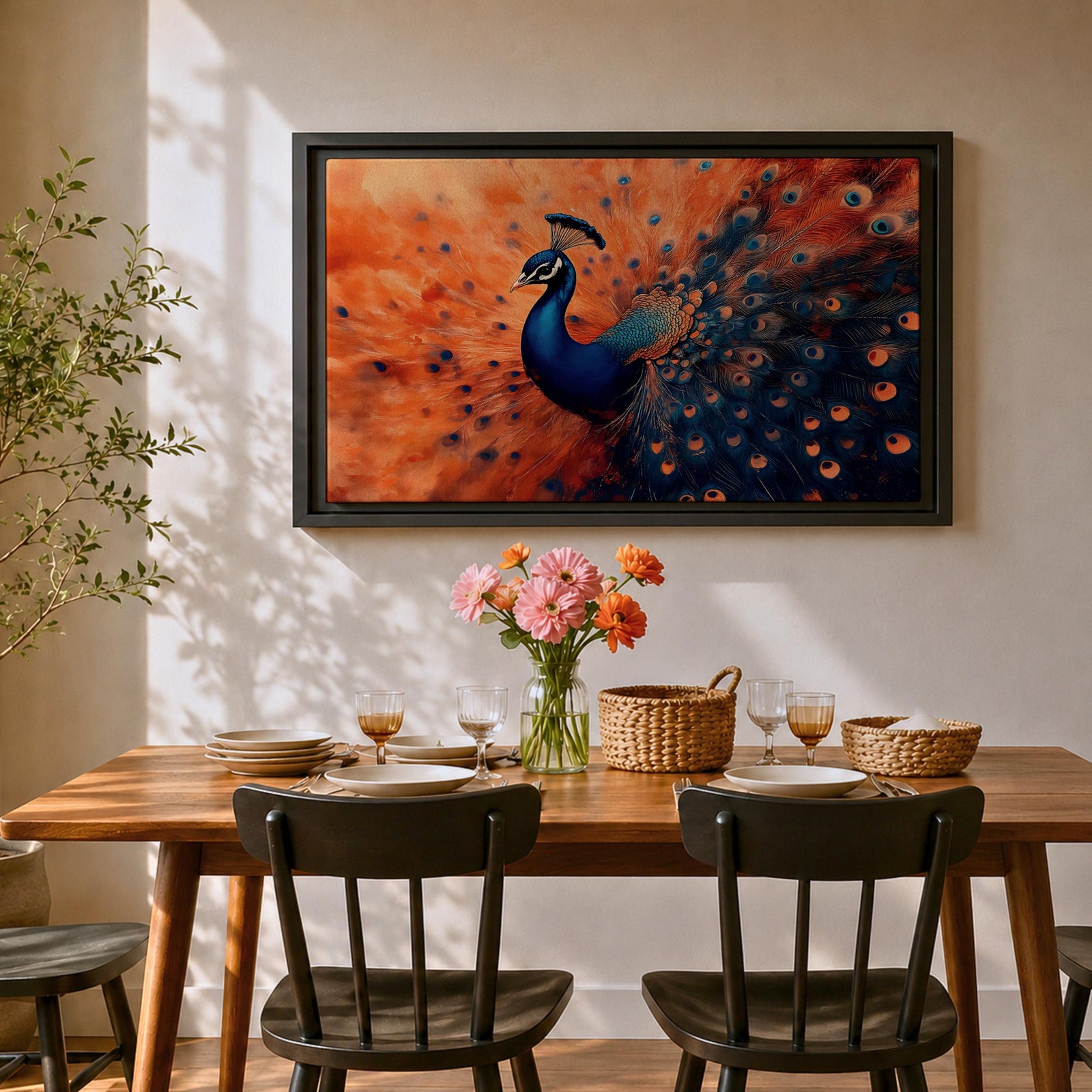 Peacock Wall Art Exotic Bird Framed Canvas Tropical Wildlife Impasto Boho Home Decor