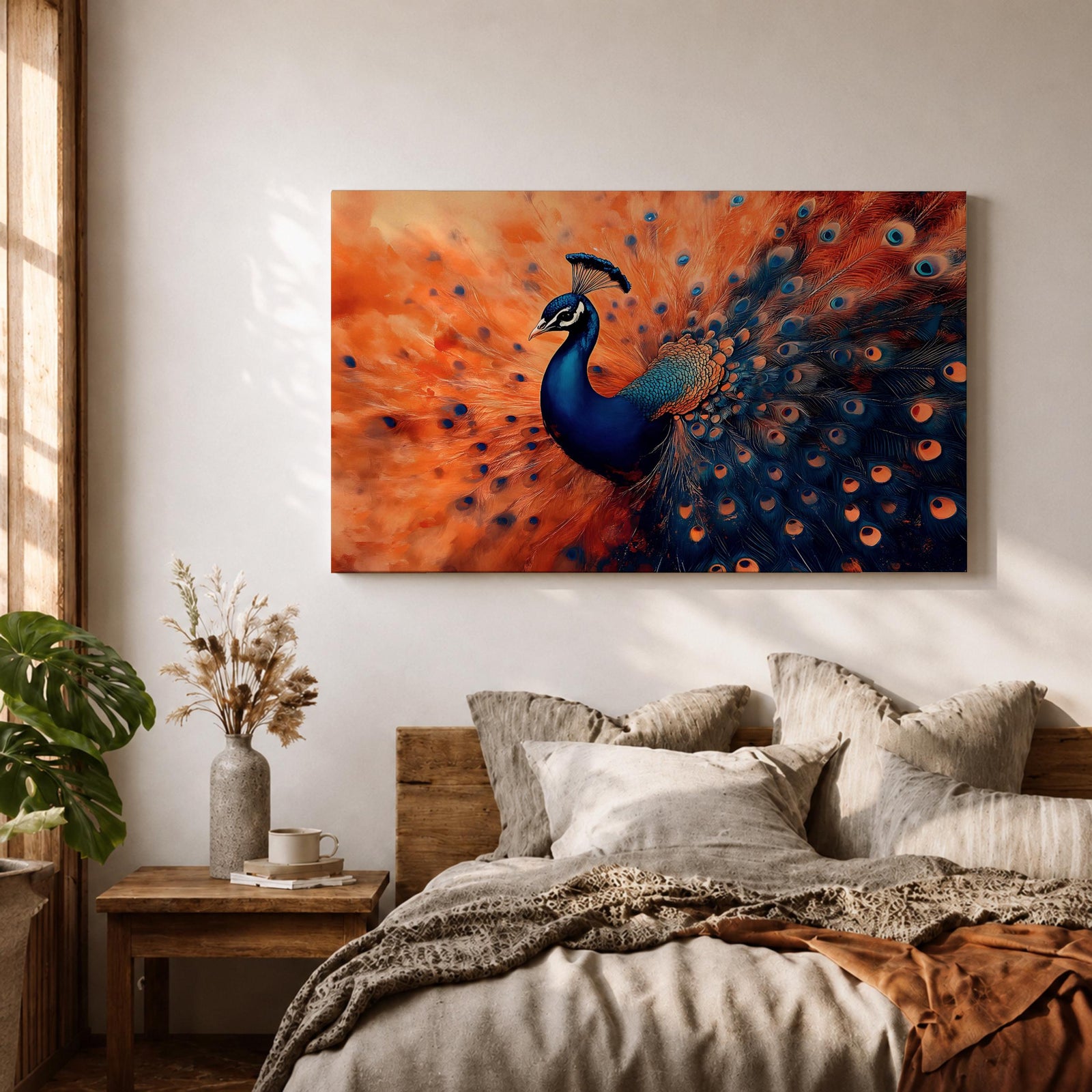 Peacock Wall Art Exotic Bird Framed Canvas Tropical Wildlife Impasto Boho Home Decor