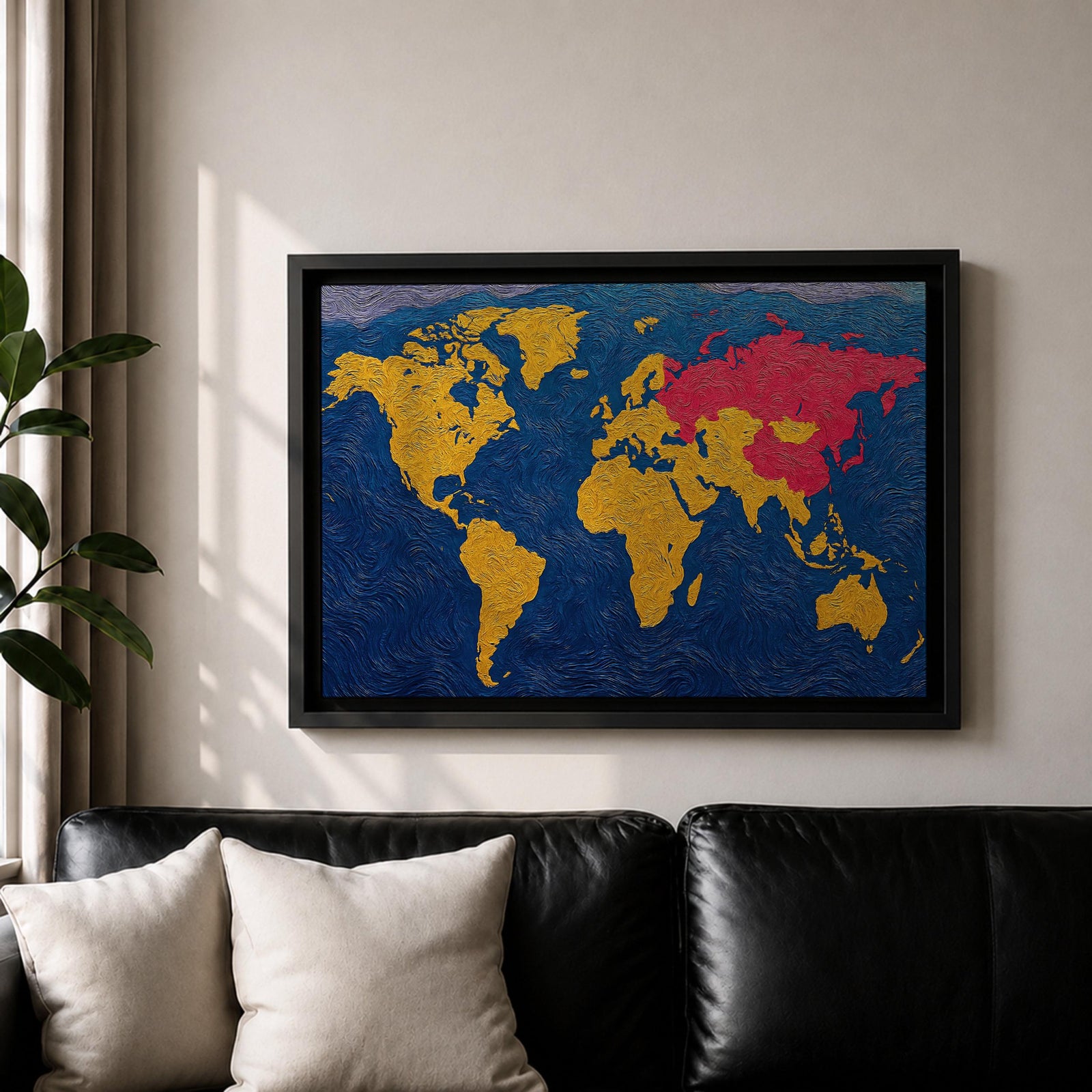 World Map Wall Art Global Atlas Framed Canvas Textured Geography Modern Travel Home Decor