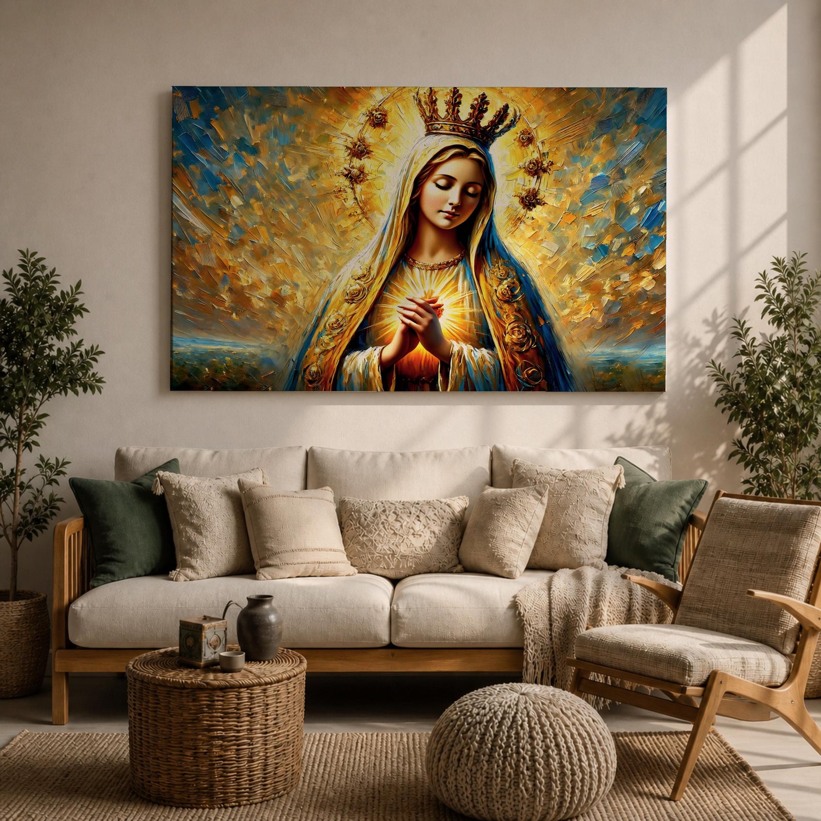 Sacred Heart of Mary Wall Art Blessed Virgin Framed Canvas Impasto Catholic Home Decor
