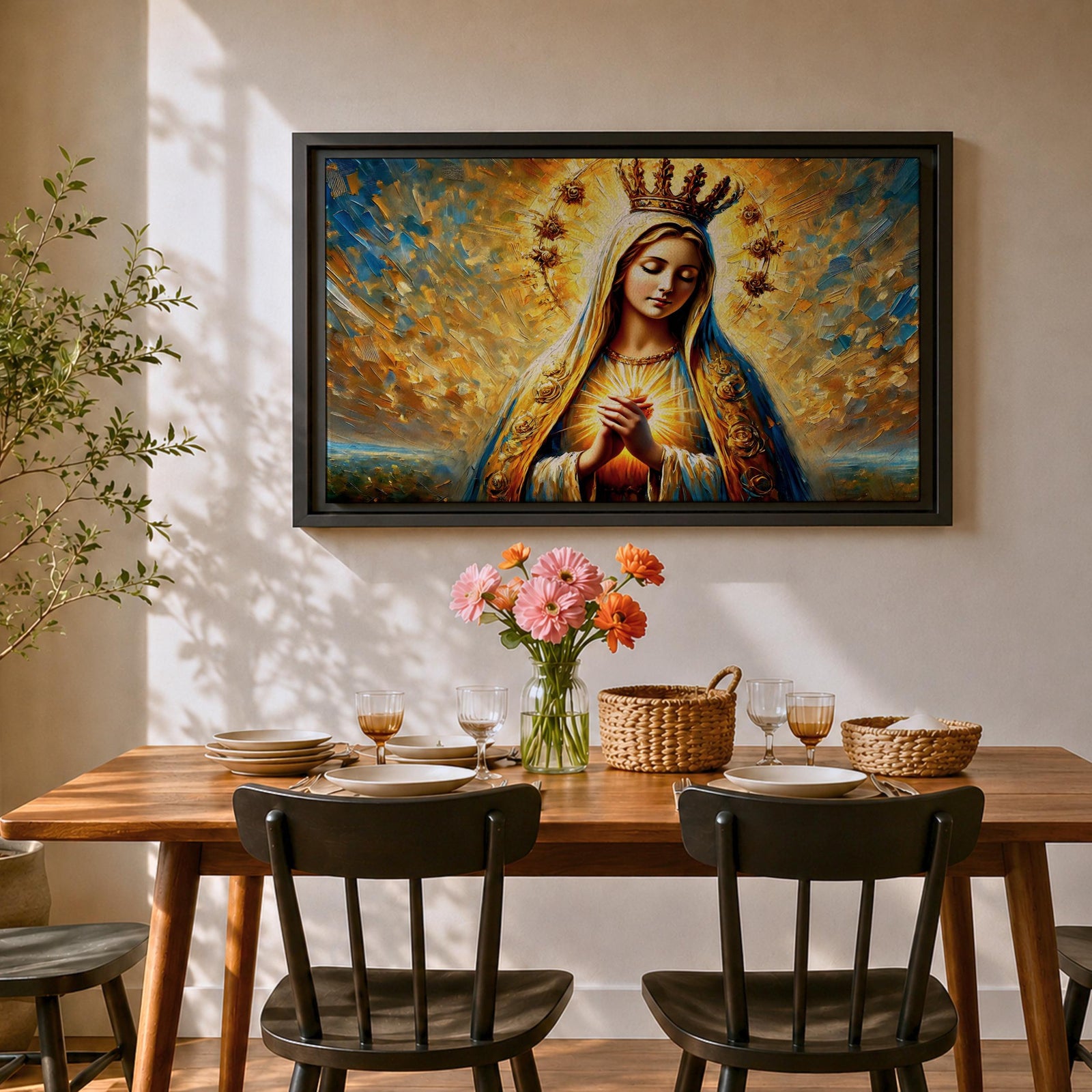 Sacred Heart of Mary Wall Art Blessed Virgin Framed Canvas Impasto Catholic Home Decor