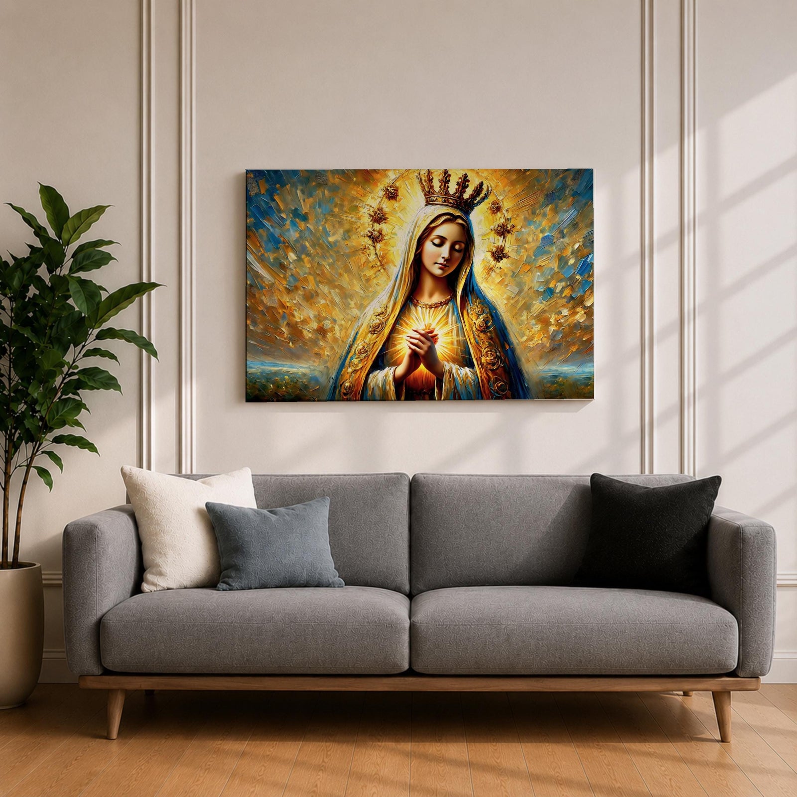 Sacred Heart of Mary Wall Art Blessed Virgin Framed Canvas Impasto Catholic Home Decor