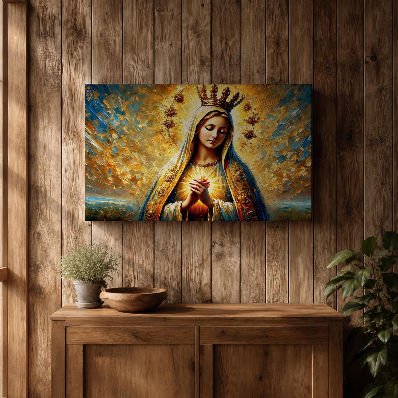 Sacred Heart of Mary Wall Art Blessed Virgin Framed Canvas Impasto Catholic Home Decor
