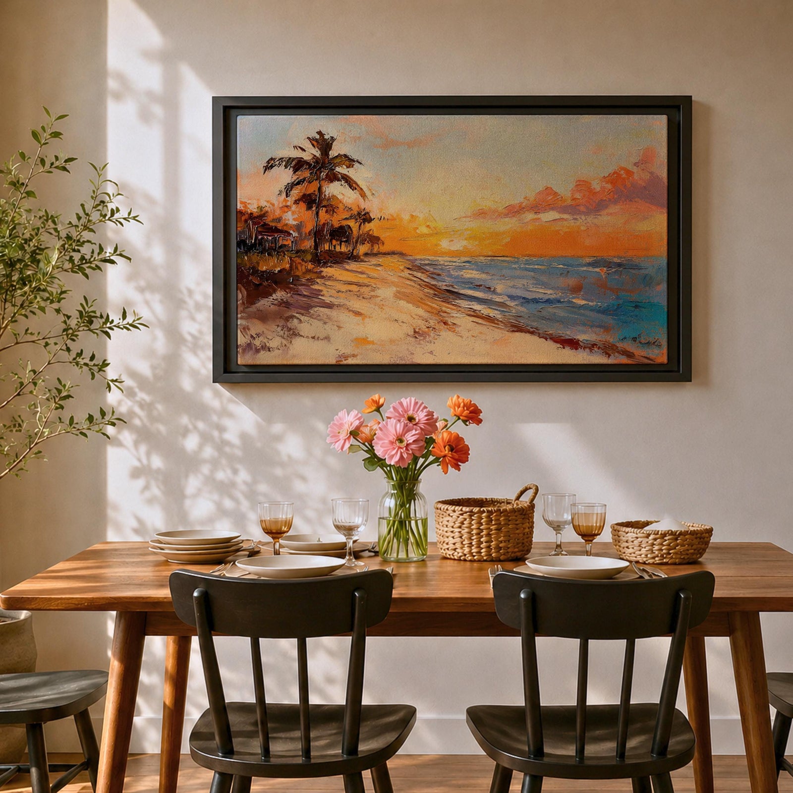 Tropical Sunset Beach Wall Art Florida Keys Framed Canvas Coastal Impasto Living Room Decor