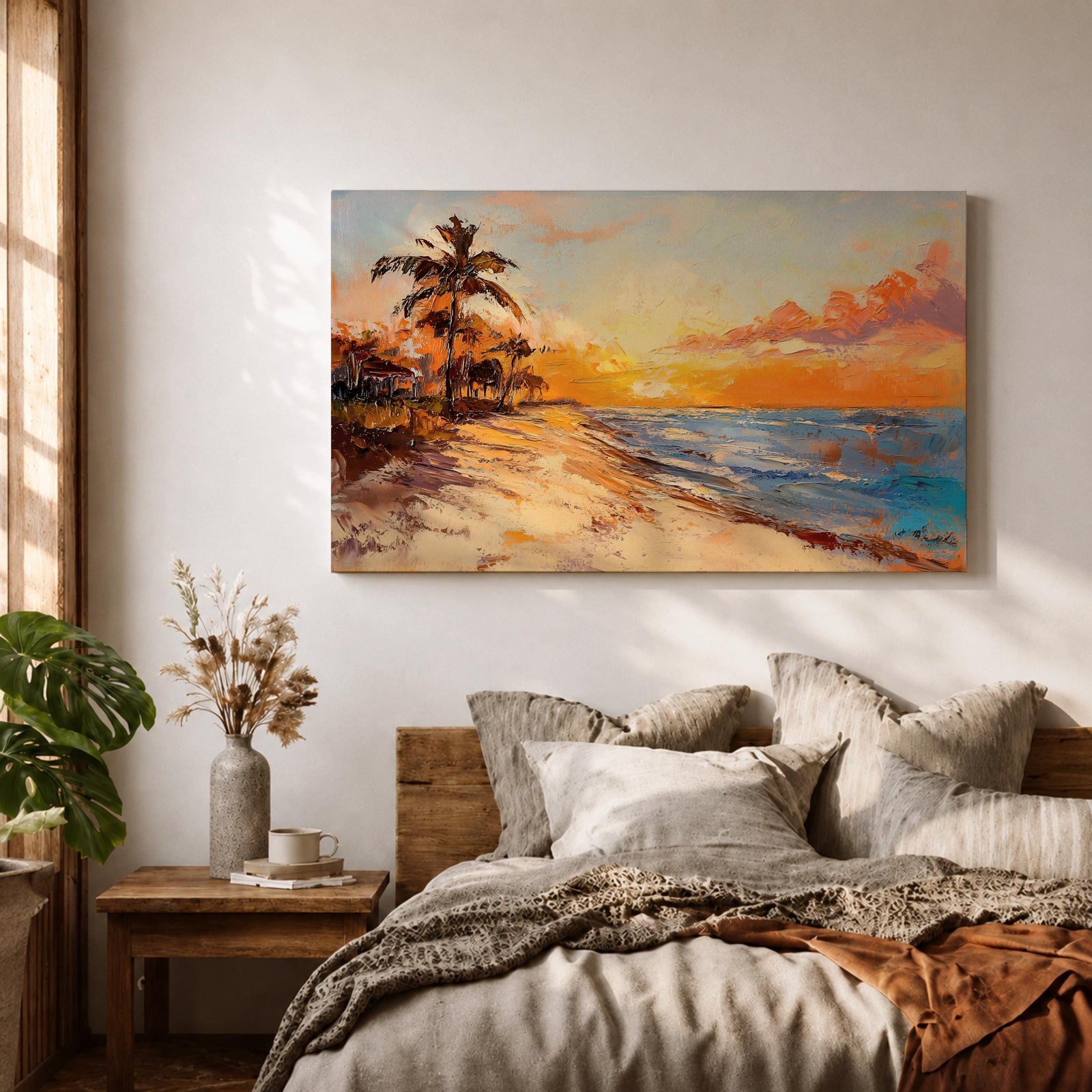Tropical Sunset Beach Wall Art Florida Keys Framed Canvas Coastal Impasto Living Room Decor