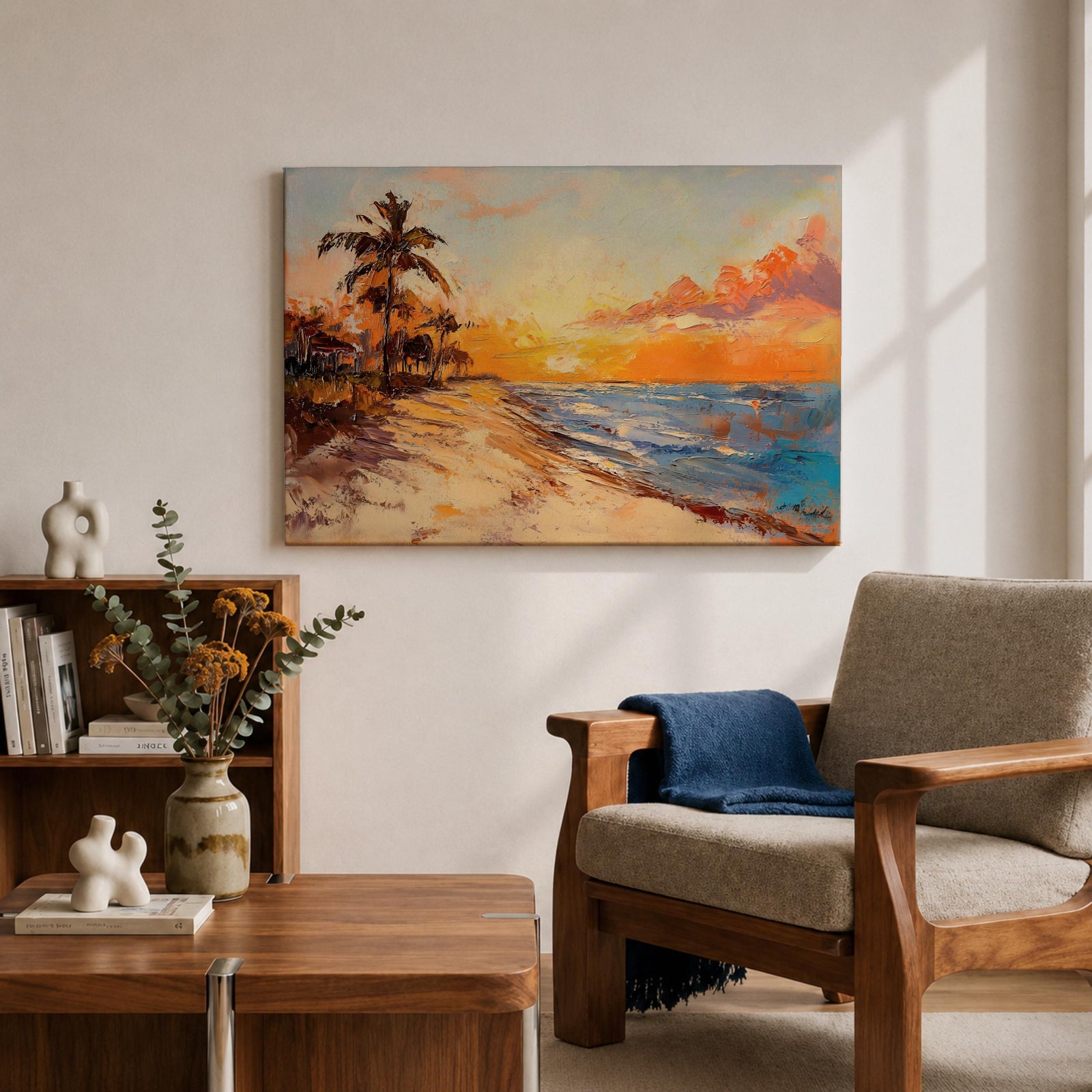 Tropical Sunset Beach Wall Art Florida Keys Framed Canvas Coastal Impasto Living Room Decor