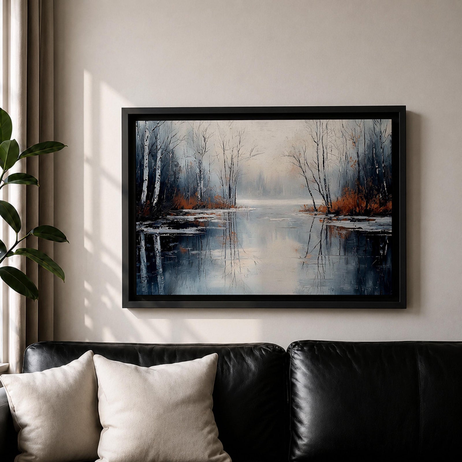 A framed canvas painting depicting a serene winter lake landscape with bare trees reflected in still water. The scene features a quiet woodland setting with leafless trees and subtle earthy tones, capturing the calm and reflective nature of a winter forest by the lake.