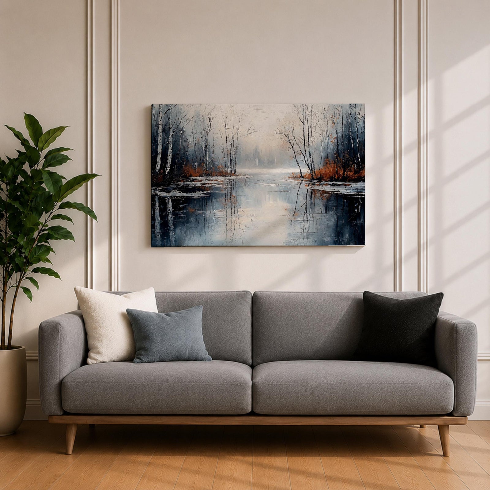 A framed canvas painting depicting a serene winter lake landscape with bare trees reflected in still water. The scene features a quiet woodland setting with leafless trees and subtle earthy tones, capturing the calm and reflective nature of a winter forest by the lake.