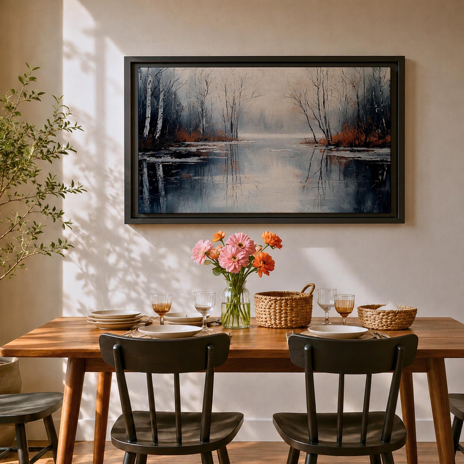 A framed canvas painting depicting a serene winter lake landscape with bare trees reflected in still water. The scene features a quiet woodland setting with leafless trees and subtle earthy tones, capturing the calm and reflective nature of a winter forest by the lake.