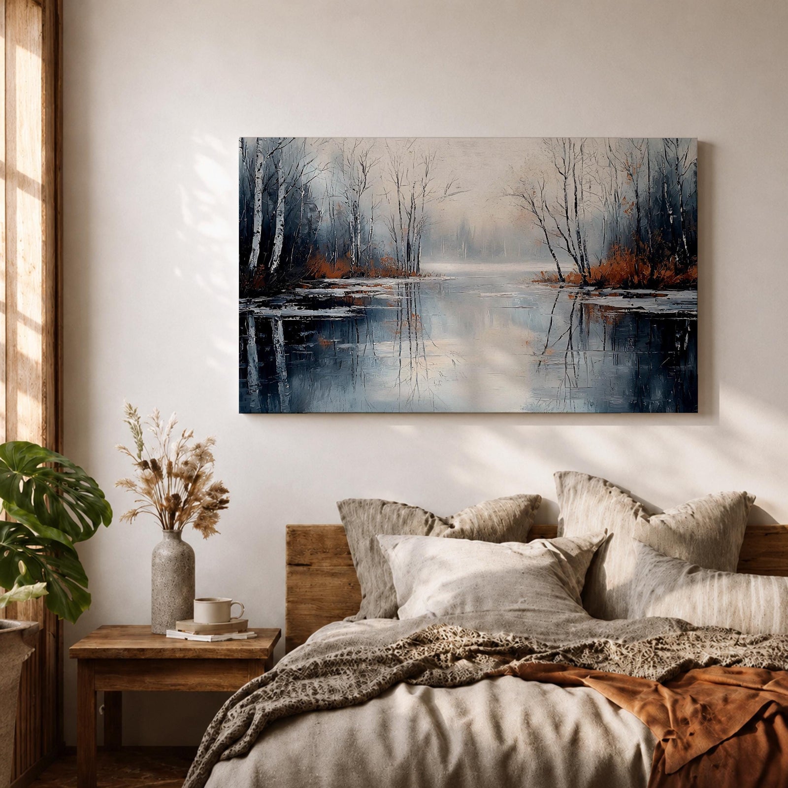A framed canvas painting depicting a serene winter lake landscape with bare trees reflected in still water. The scene features a quiet woodland setting with leafless trees and subtle earthy tones, capturing the calm and reflective nature of a winter forest by the lake.