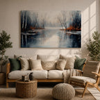 A framed canvas painting depicting a serene winter lake landscape with bare trees reflected in still water. The scene features a quiet woodland setting with leafless trees and subtle earthy tones, capturing the calm and reflective nature of a winter forest by the lake.