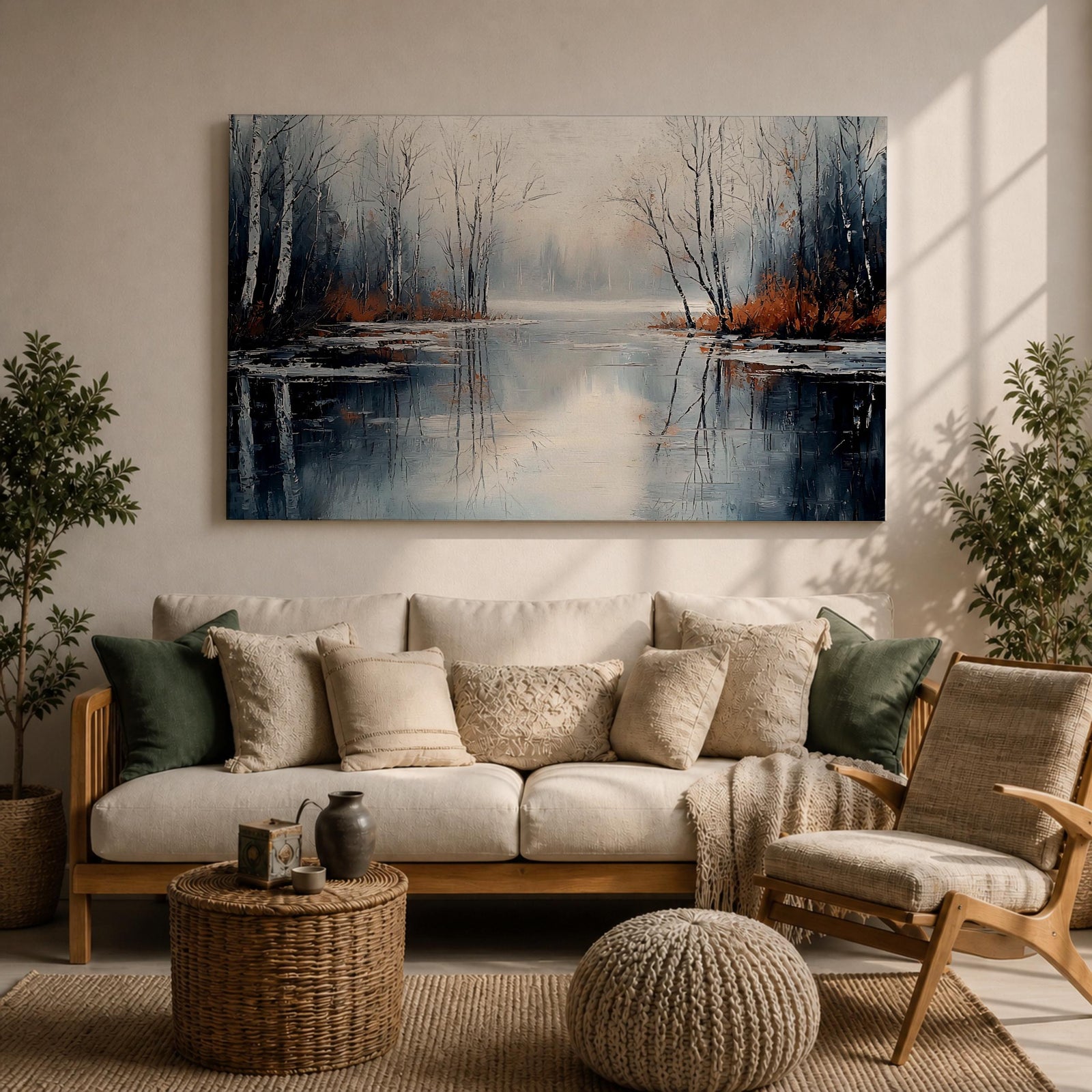 A framed canvas painting depicting a serene winter lake landscape with bare trees reflected in still water. The scene features a quiet woodland setting with leafless trees and subtle earthy tones, capturing the calm and reflective nature of a winter forest by the lake.