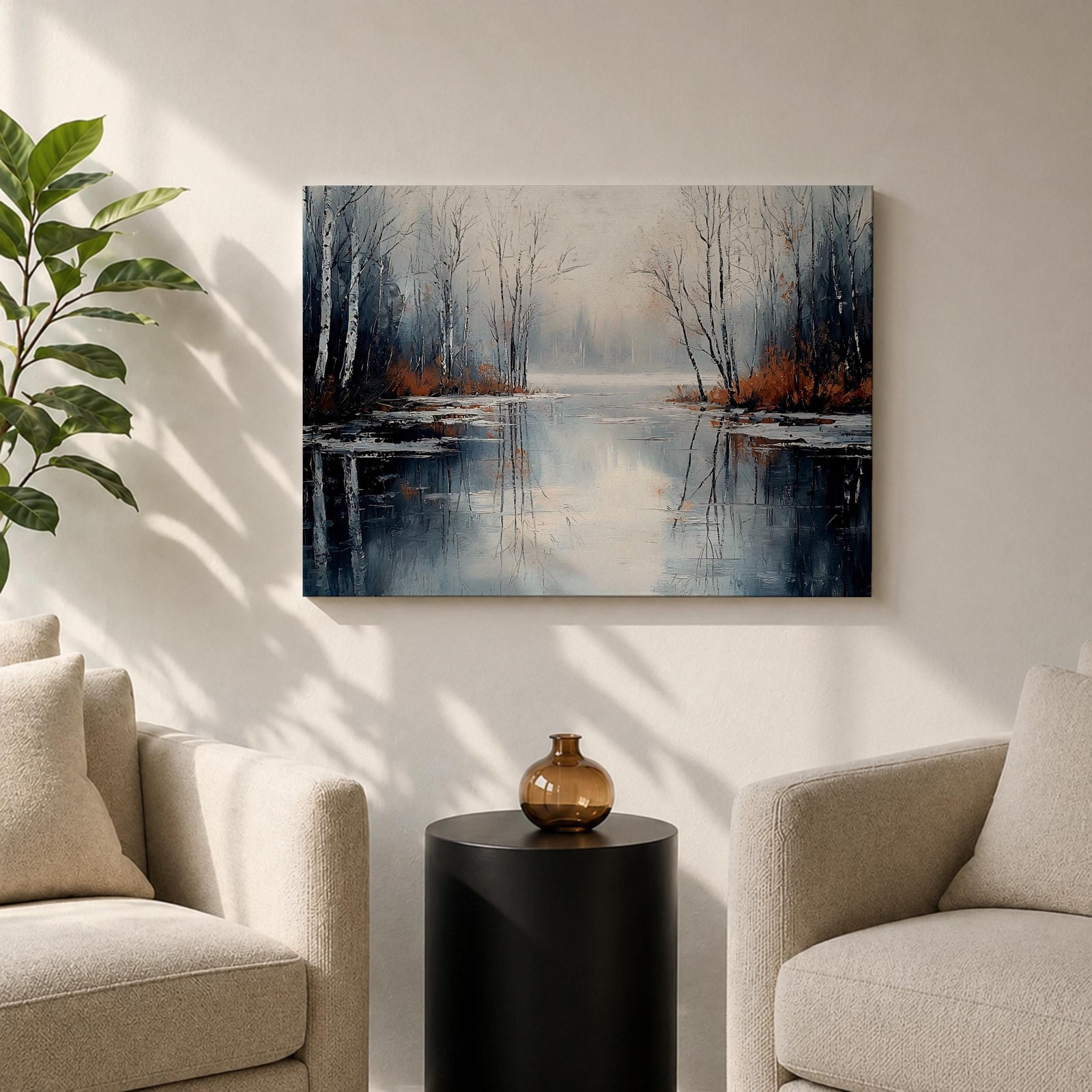 A framed canvas painting depicting a serene winter lake landscape with bare trees reflected in still water. The scene features a quiet woodland setting with leafless trees and subtle earthy tones, capturing the calm and reflective nature of a winter forest by the lake.