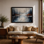 A framed canvas painting depicting a serene winter lake landscape with bare trees reflected in still water. The scene features a quiet woodland setting with leafless trees and subtle earthy tones, capturing the calm and reflective nature of a winter forest by the lake.