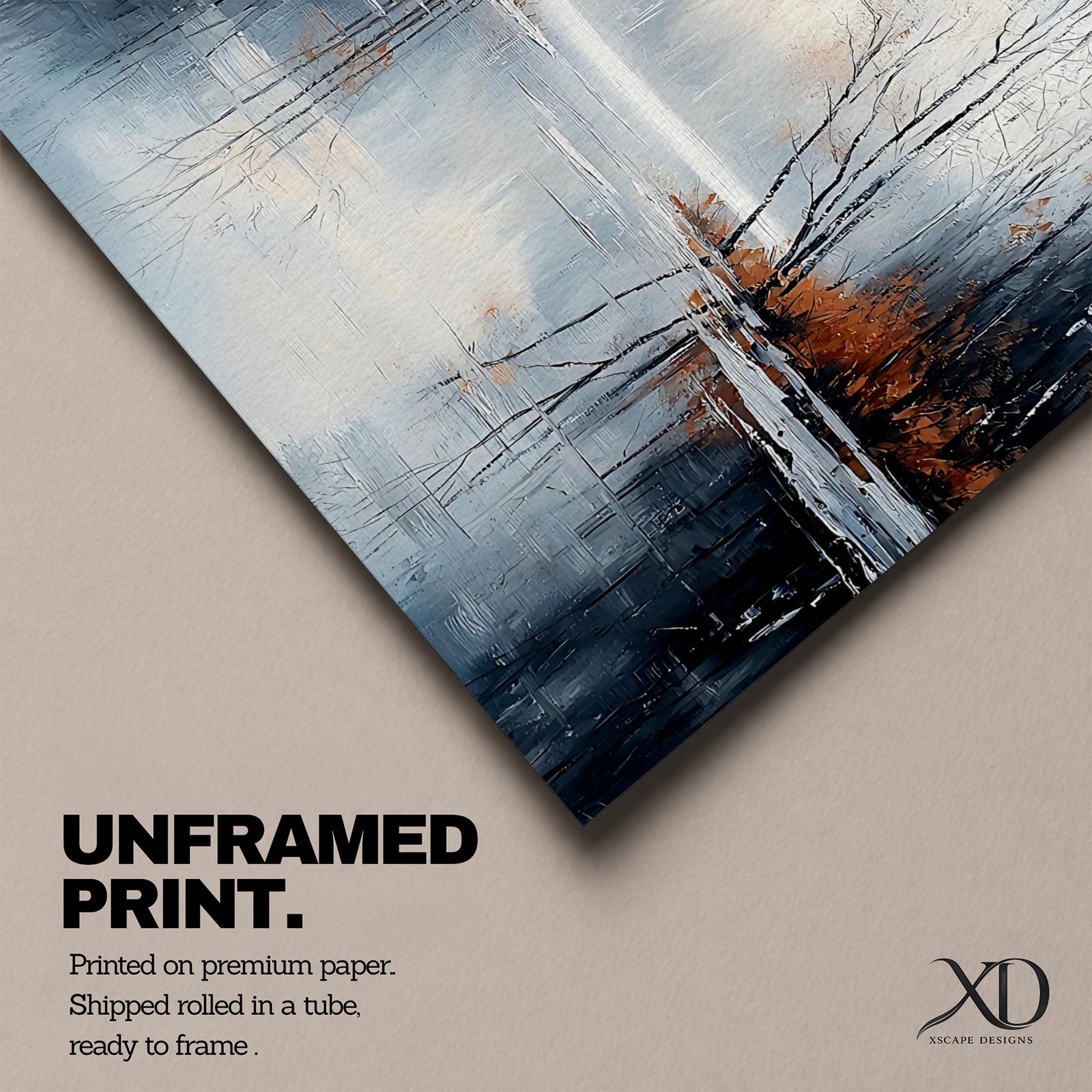 A framed canvas painting depicting a serene winter lake landscape with bare trees reflected in still water. The scene features a quiet woodland setting with leafless trees and subtle earthy tones, capturing the calm and reflective nature of a winter forest by the lake.