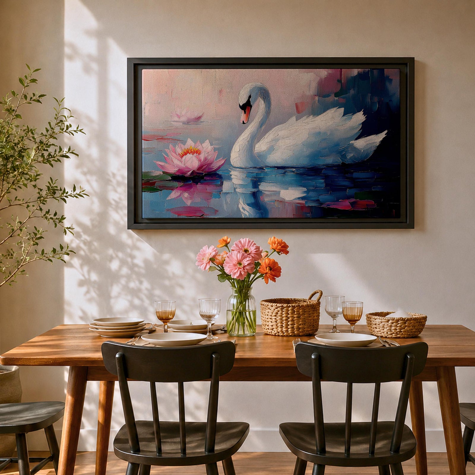 A detailed impasto style painting of a white swan gracefully floating on water beside a blooming pink lotus flower. The artwork captures the serene reflection of the swan and lotus on the water surface with textured brushstrokes emphasizing the natural beauty and tranquility of the scene.