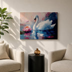 A detailed impasto style painting of a white swan gracefully floating on water beside a blooming pink lotus flower. The artwork captures the serene reflection of the swan and lotus on the water surface with textured brushstrokes emphasizing the natural beauty and tranquility of the scene.