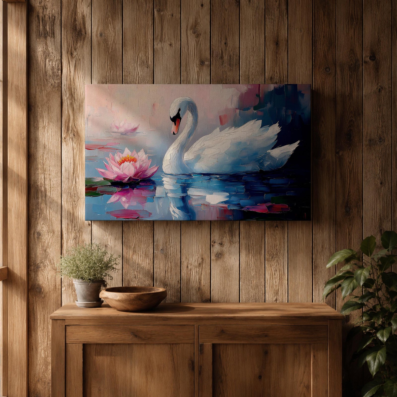 A detailed impasto style painting of a white swan gracefully floating on water beside a blooming pink lotus flower. The artwork captures the serene reflection of the swan and lotus on the water surface with textured brushstrokes emphasizing the natural beauty and tranquility of the scene.