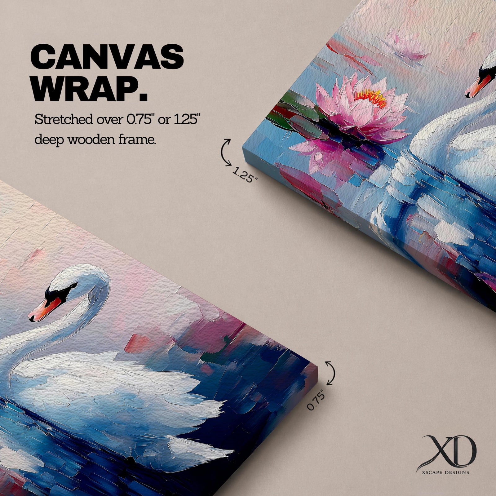 A detailed impasto style painting of a white swan gracefully floating on water beside a blooming pink lotus flower. The artwork captures the serene reflection of the swan and lotus on the water surface with textured brushstrokes emphasizing the natural beauty and tranquility of the scene.