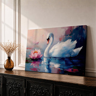 A detailed impasto style painting of a white swan gracefully floating on water beside a blooming pink lotus flower. The artwork captures the serene reflection of the swan and lotus on the water surface with textured brushstrokes emphasizing the natural beauty and tranquility of the scene.