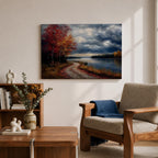 A framed canvas painting depicting an autumn landscape with a winding path along a riverbank, bordered by trees with vibrant fall foliage. The scene captures a moody sky with clouds, rendered in a vintage style emphasizing texture and rich colors.