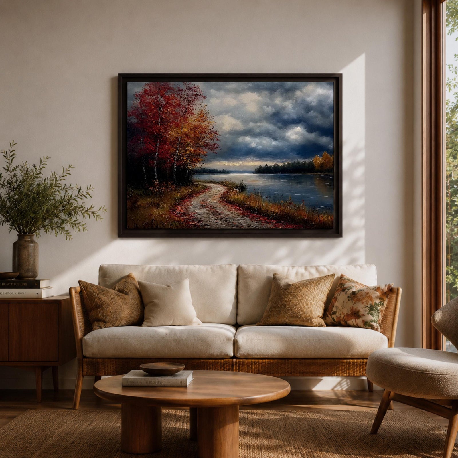 A framed canvas painting depicting an autumn landscape with a winding path along a riverbank, bordered by trees with vibrant fall foliage. The scene captures a moody sky with clouds, rendered in a vintage style emphasizing texture and rich colors.